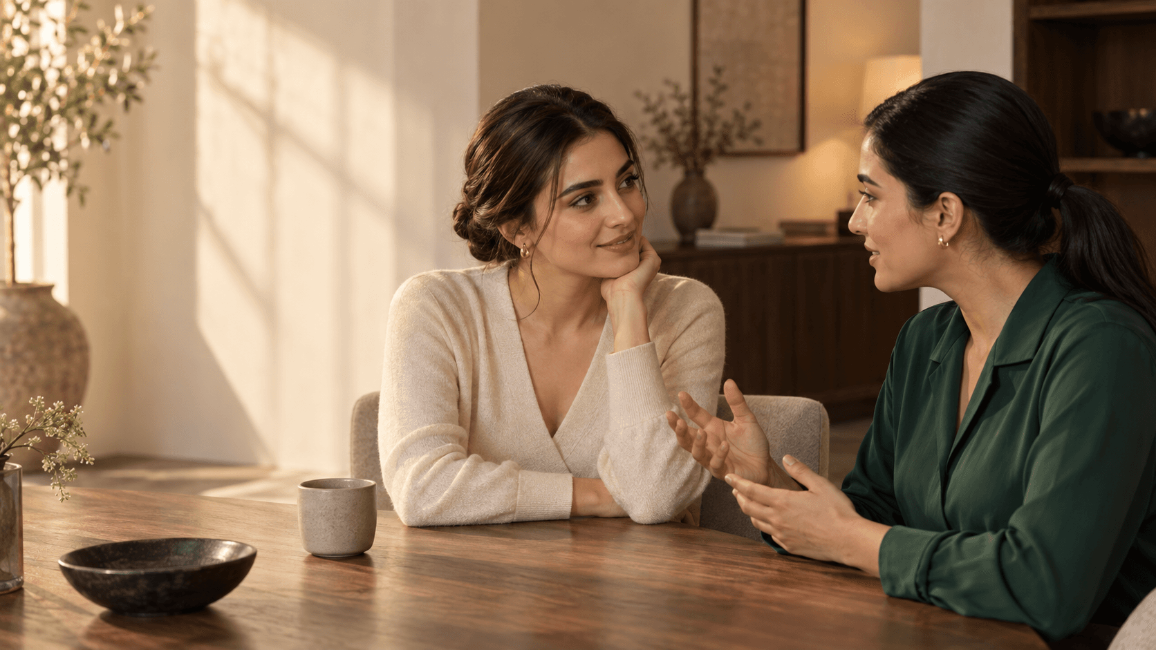 Two women in an attentive conversation across a table in a warm interior.
