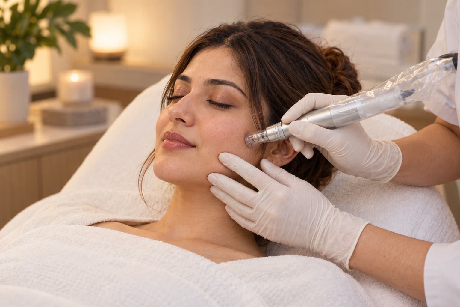 Gloved hands support a woman’s cheek while a pen-style microneedling instrument touches the skin.