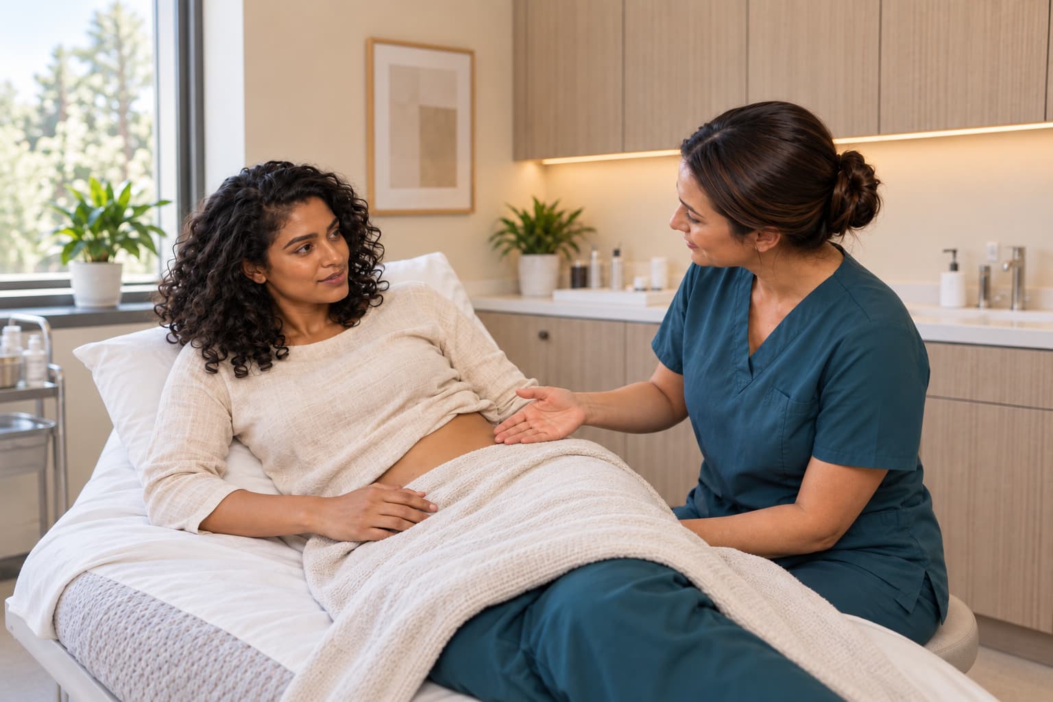 A care professional gestures beside a woman’s side waist as she rests on a treatment bed under an opaque drape.