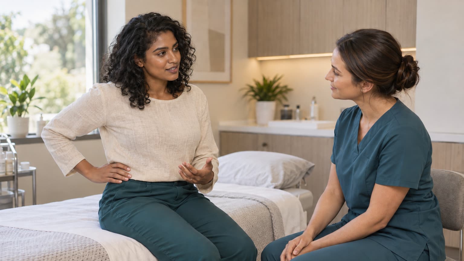 A woman rests a hand at her clothed side waist while discussing her goals with a care professional beside a treatment bed.