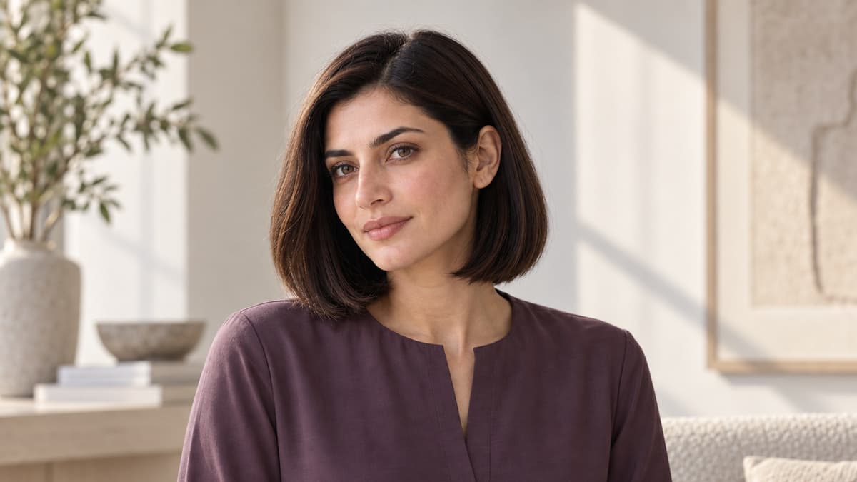 An adult woman with a slight smile, an espresso-brown bob and natural facial texture in soft editorial light.