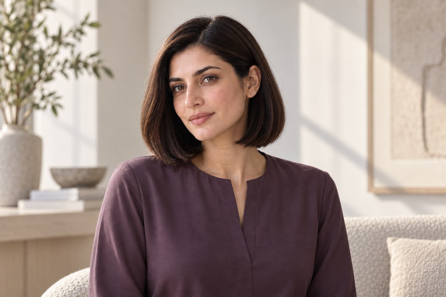 An adult woman with a slight smile, an espresso-brown bob and natural facial texture in soft editorial light.