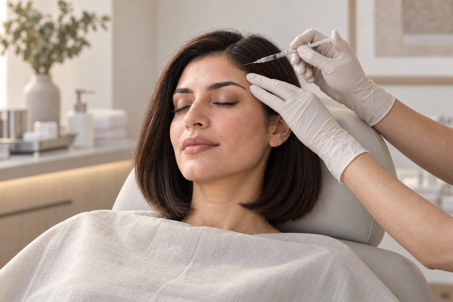 Gloved hands hold a small syringe just above a reclining woman’s forehead while supporting her temple.