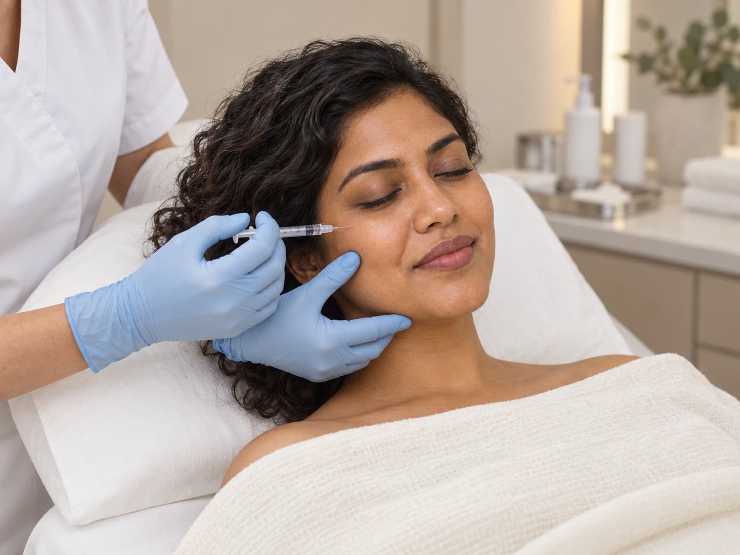 Gloved hands hold a small syringe beside the outer cheek of a reclining woman while supporting her jaw.