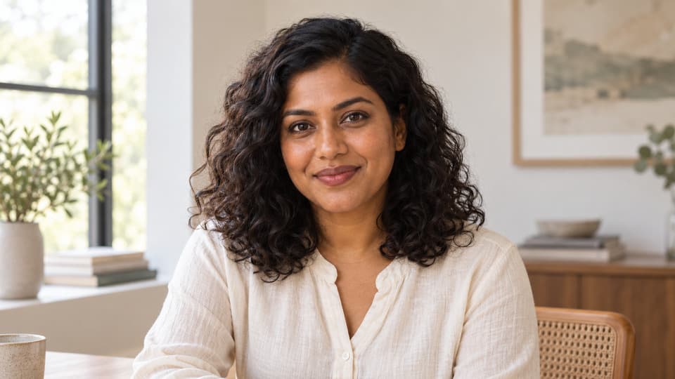 An adult woman with natural curls and a gentle smile in soft window light.