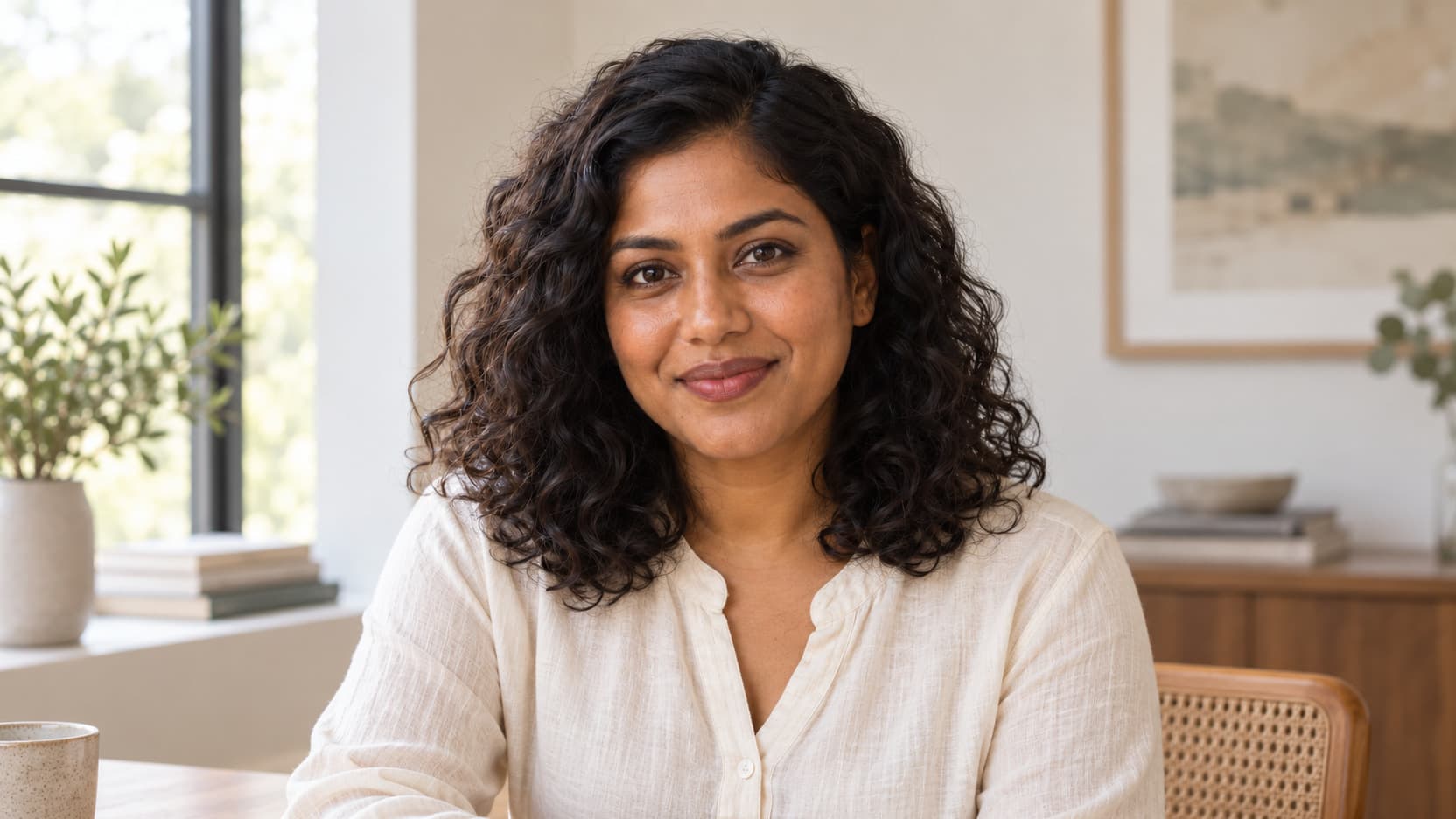An adult woman with natural curls and a gentle smile in soft window light.