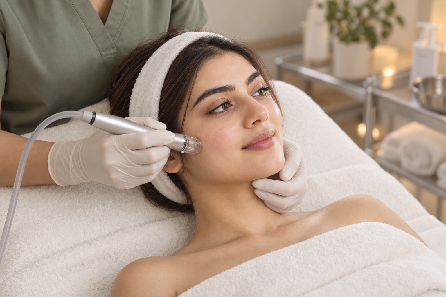Gloved hands guide a clear-tipped facial handpiece against a woman's cheek and support her jaw.