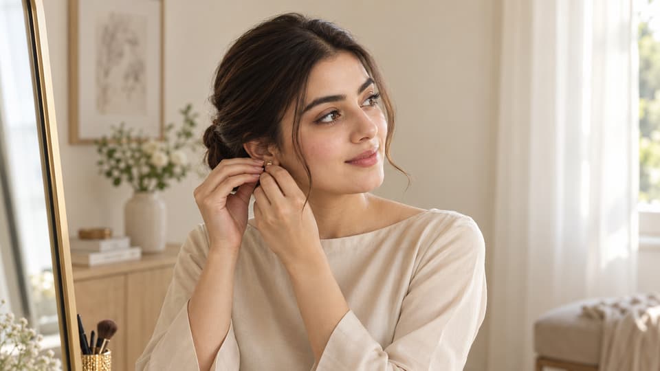 A woman in an ivory kurta adjusts a small earring in soft daylight.