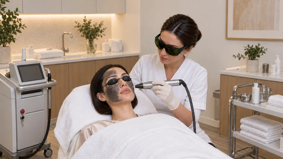 A gloved hand aims a laser handpiece at a dark carbon-prepared cheek while the reclining woman wears protective eye covers.