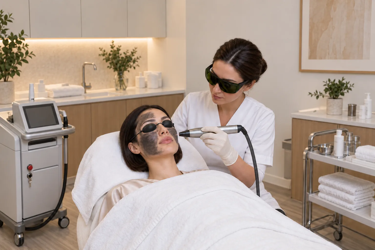 A gloved hand aims a laser handpiece at a dark carbon-prepared cheek while the reclining woman wears protective eye covers.