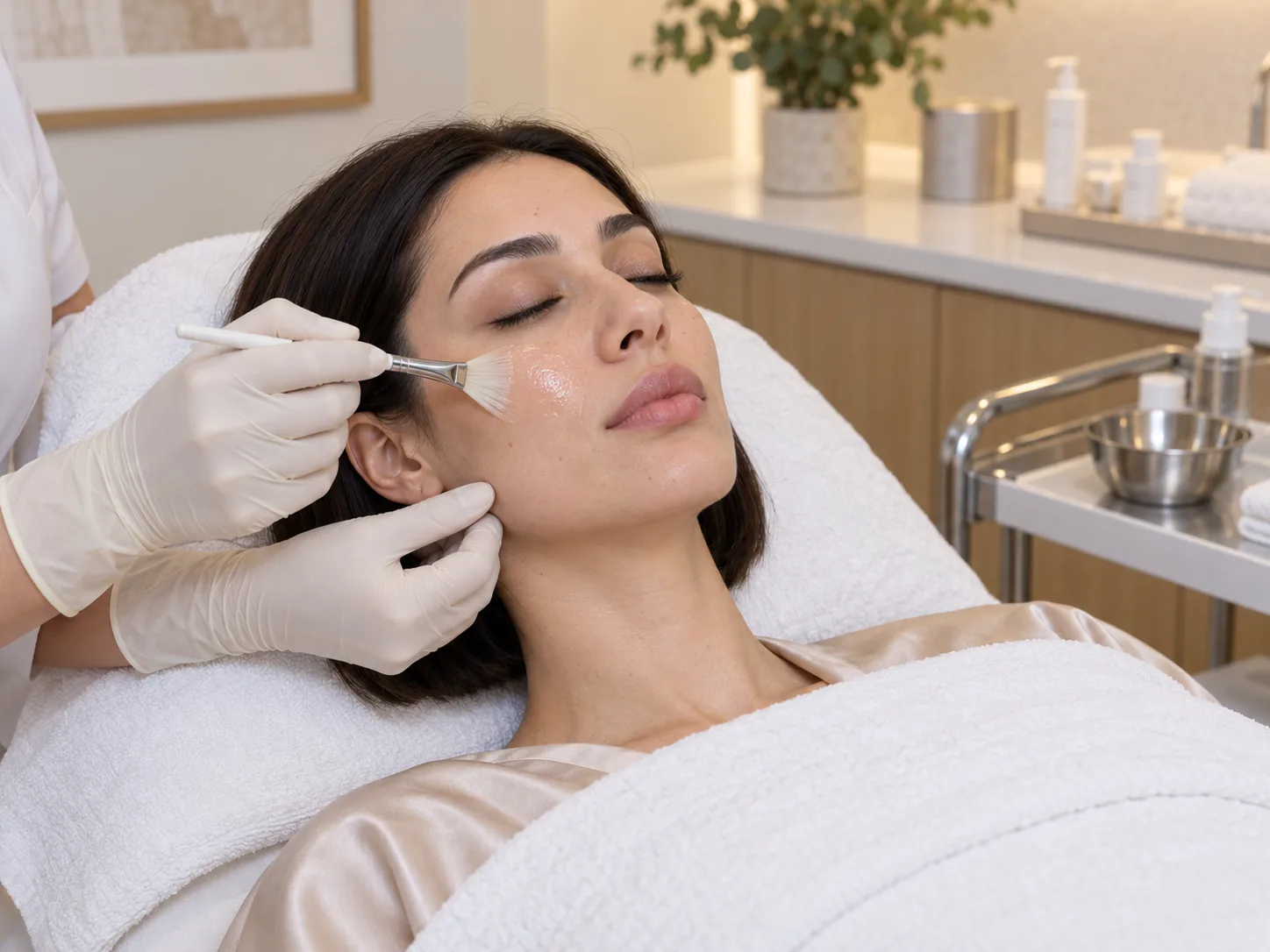 A gloved hand applies a clear preparation to a woman’s cheek with a small brush.