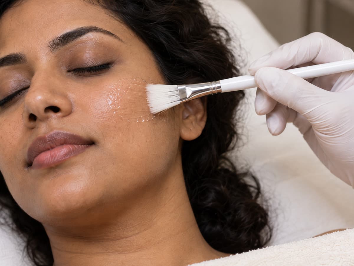 Close view of a gloved hand brushing a clear preparation onto a woman’s cheek.