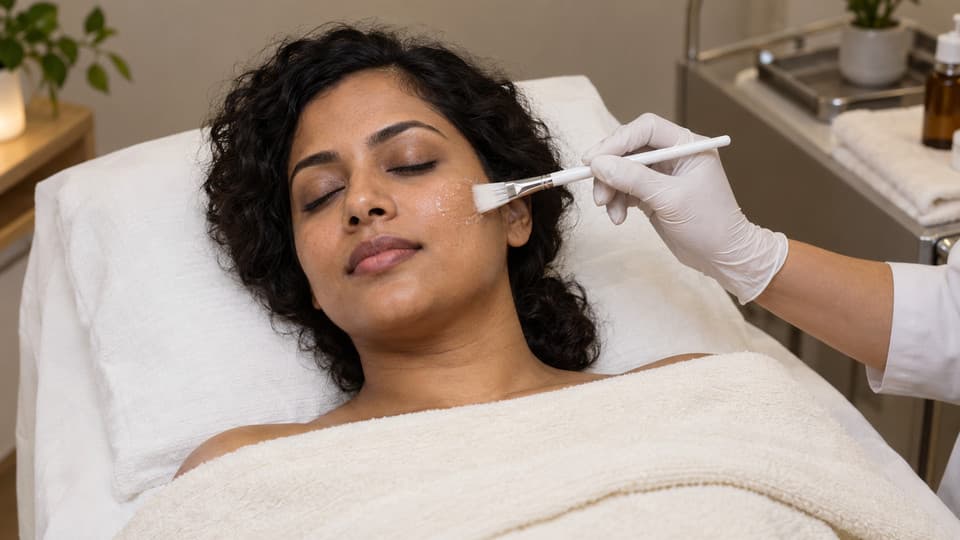 A woman rests on a treatment bed while a gloved hand brushes a clear preparation onto her cheek.
