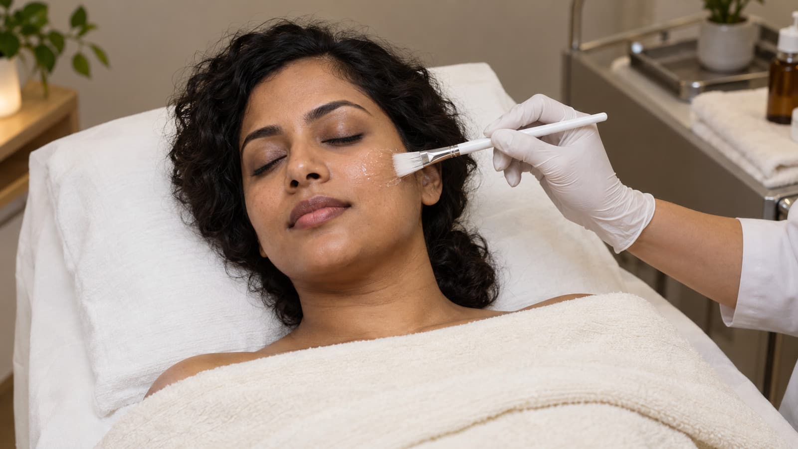 A woman rests on a treatment bed while a gloved hand brushes a clear preparation onto her cheek.