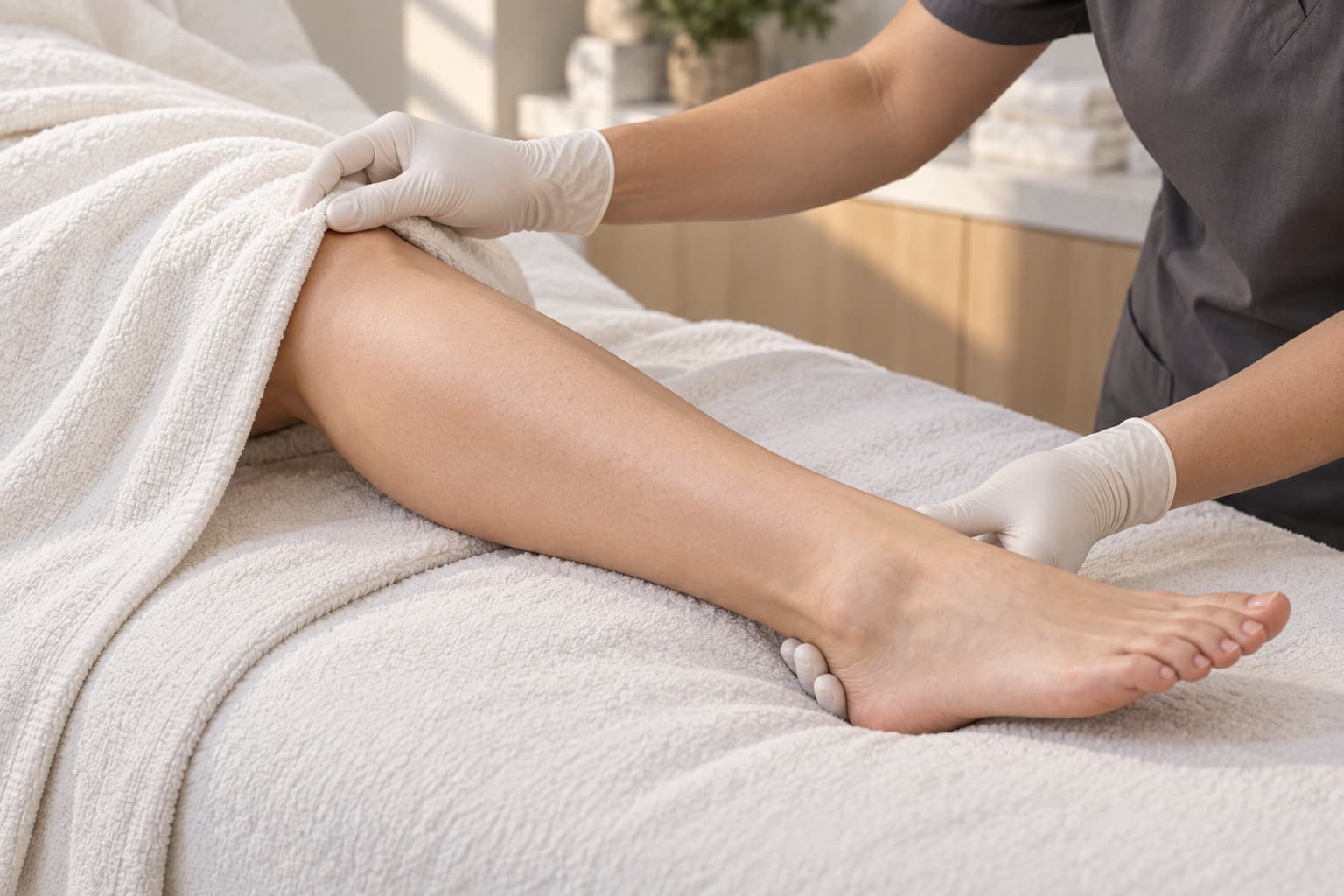 Gloved hands support an adult woman’s ankle while adjusting the drape over her leg on a treatment bed.