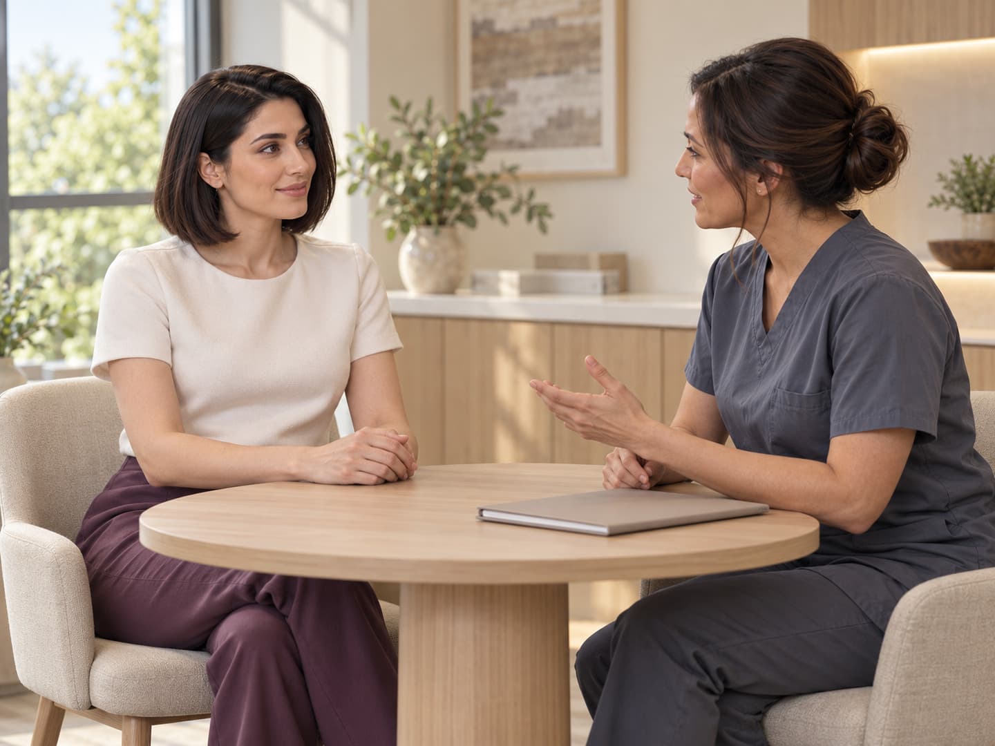 A woman and a care professional talking across a small table, with an open-hand gesture and a closed notebook.