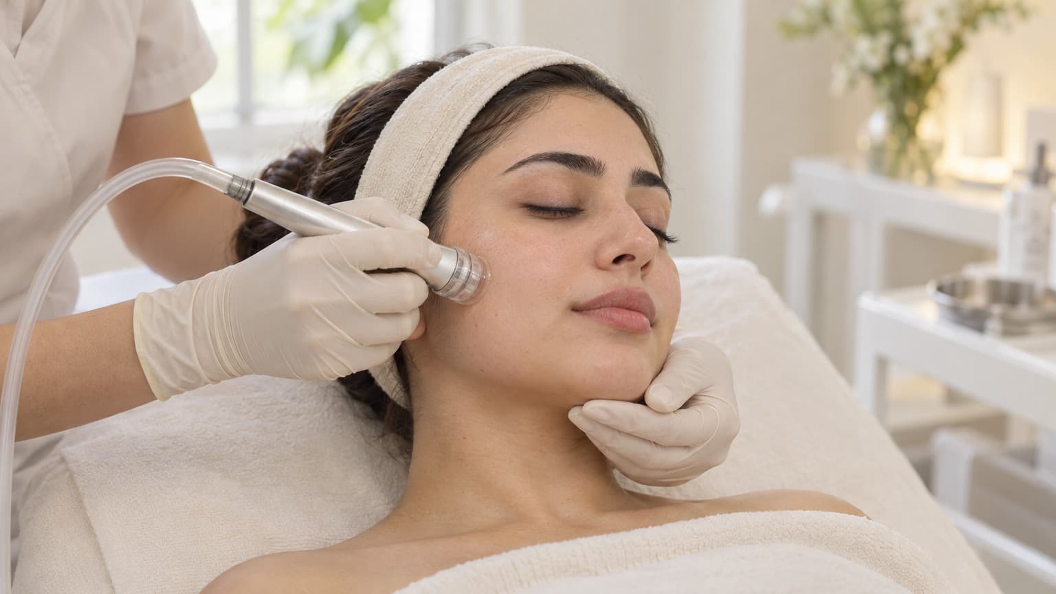 Gloved hands guide a clear-tipped facial handpiece along a reclining woman’s cheek while supporting her jaw.