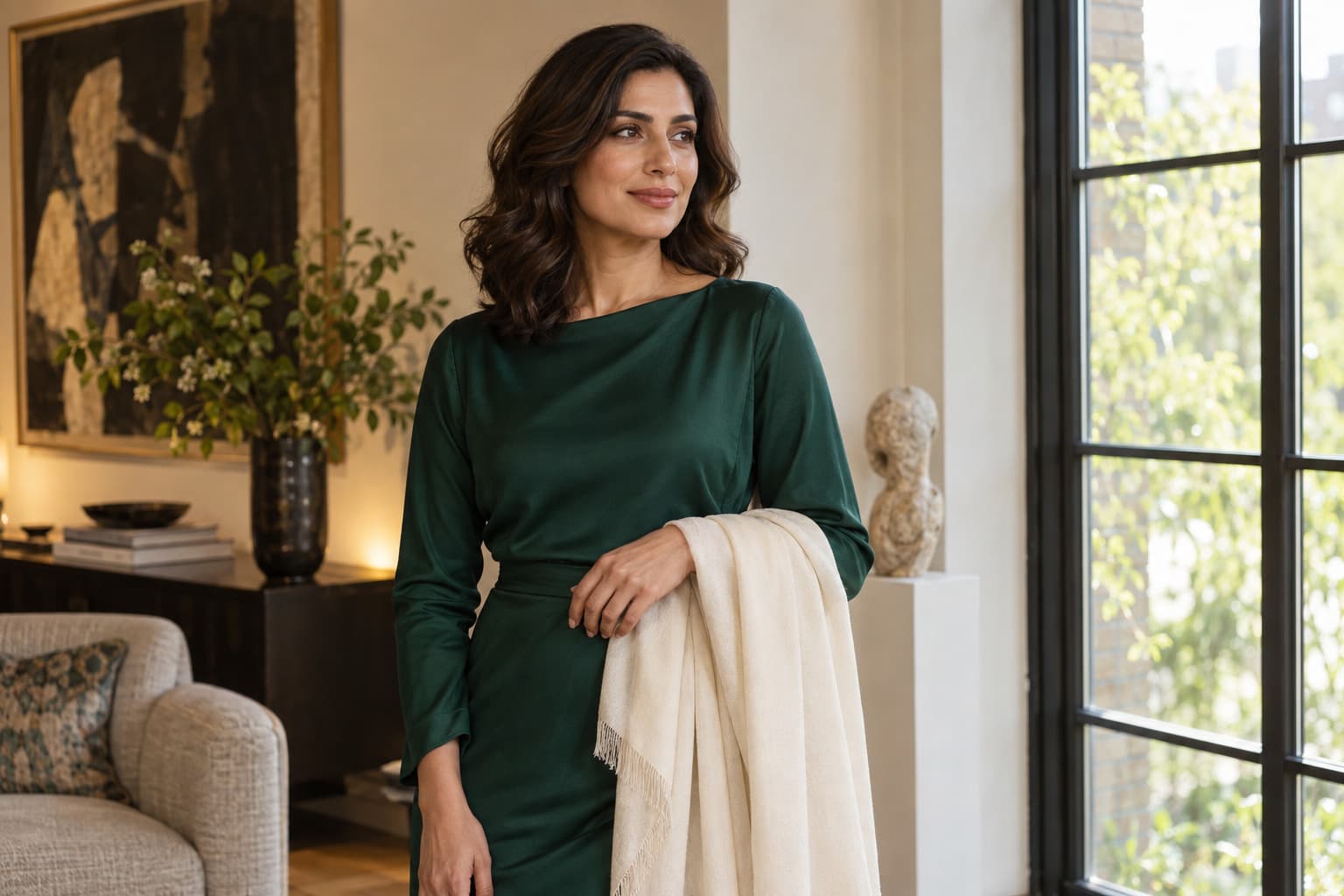 A woman in emerald carries an ivory wrap beside a softly lit window.