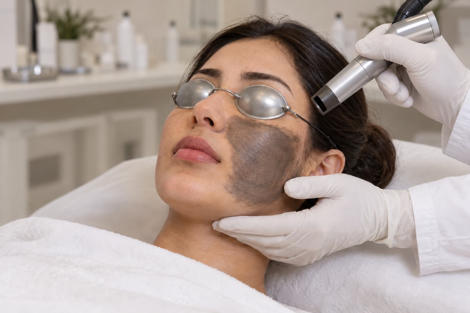 A woman with metal eye cups reclines while a gloved hand directs an unbranded laser handpiece toward a carbon-coated cheek.