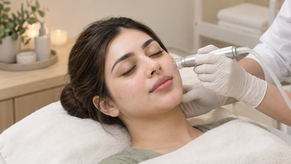 Gloved hands guide a facial handpiece along a reclining woman’s cheek.