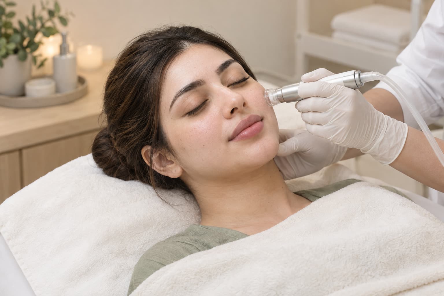 Gloved hands guide a facial handpiece along a reclining woman’s cheek.