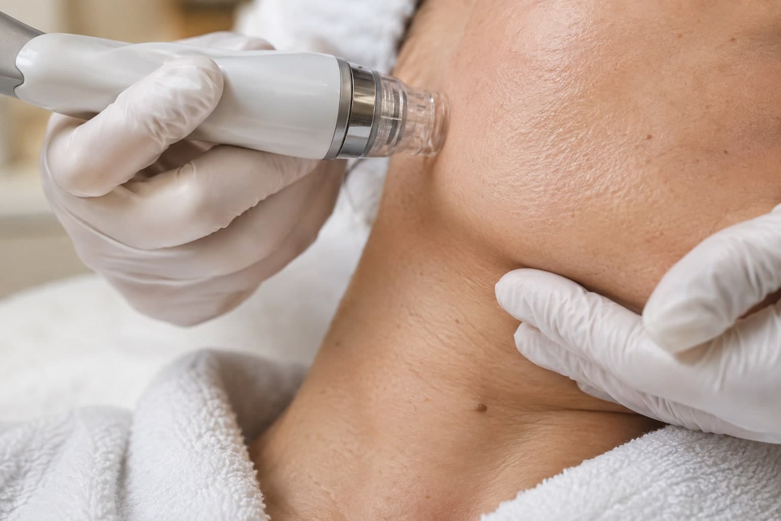 Gloved hands support a person’s jaw as a facial handpiece touches their cheek.