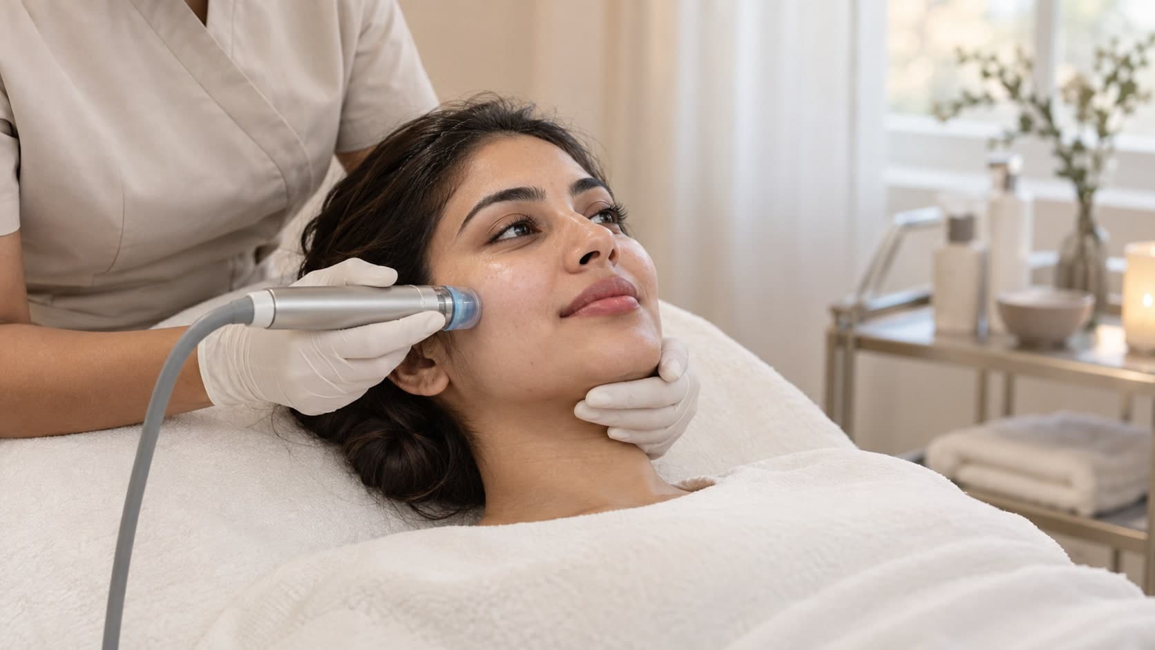 A woman reclines while gloved hands guide a facial handpiece against her cheek.