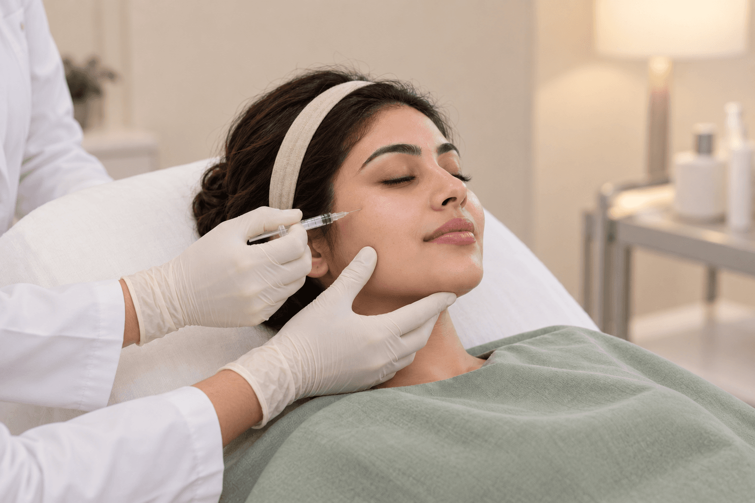Gloved hands support a woman’s jaw while a small syringe is held beside her outer cheek in preparation for injectable care.