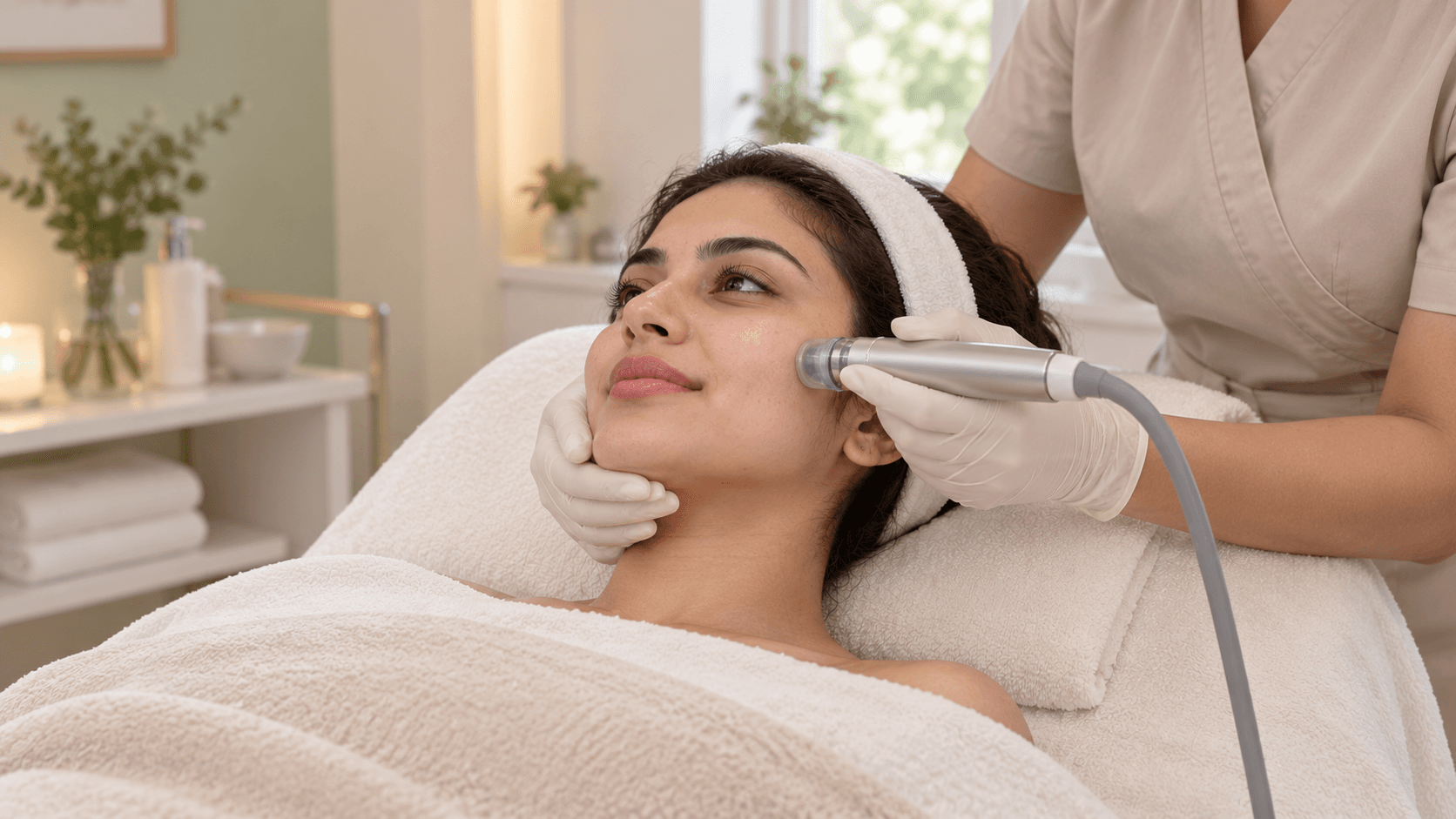 A reclining woman receives a facial as gloved hands guide a clear-tipped handpiece along her cheek.