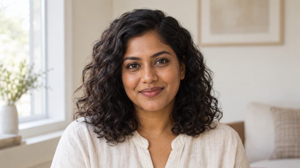 A woman with brown skin and dark natural curls in soft window light.