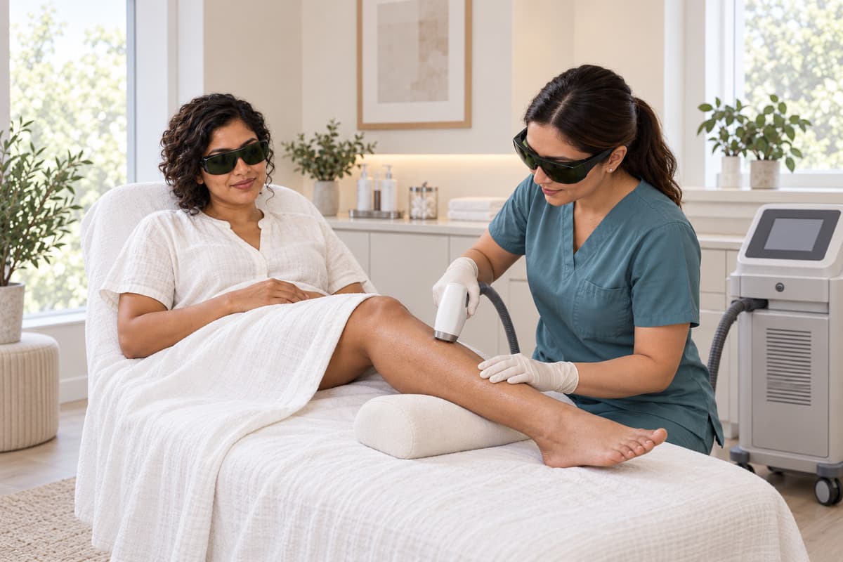 A gloved practitioner holds a laser handpiece against a woman's supported lower leg; both wear protective eyewear.