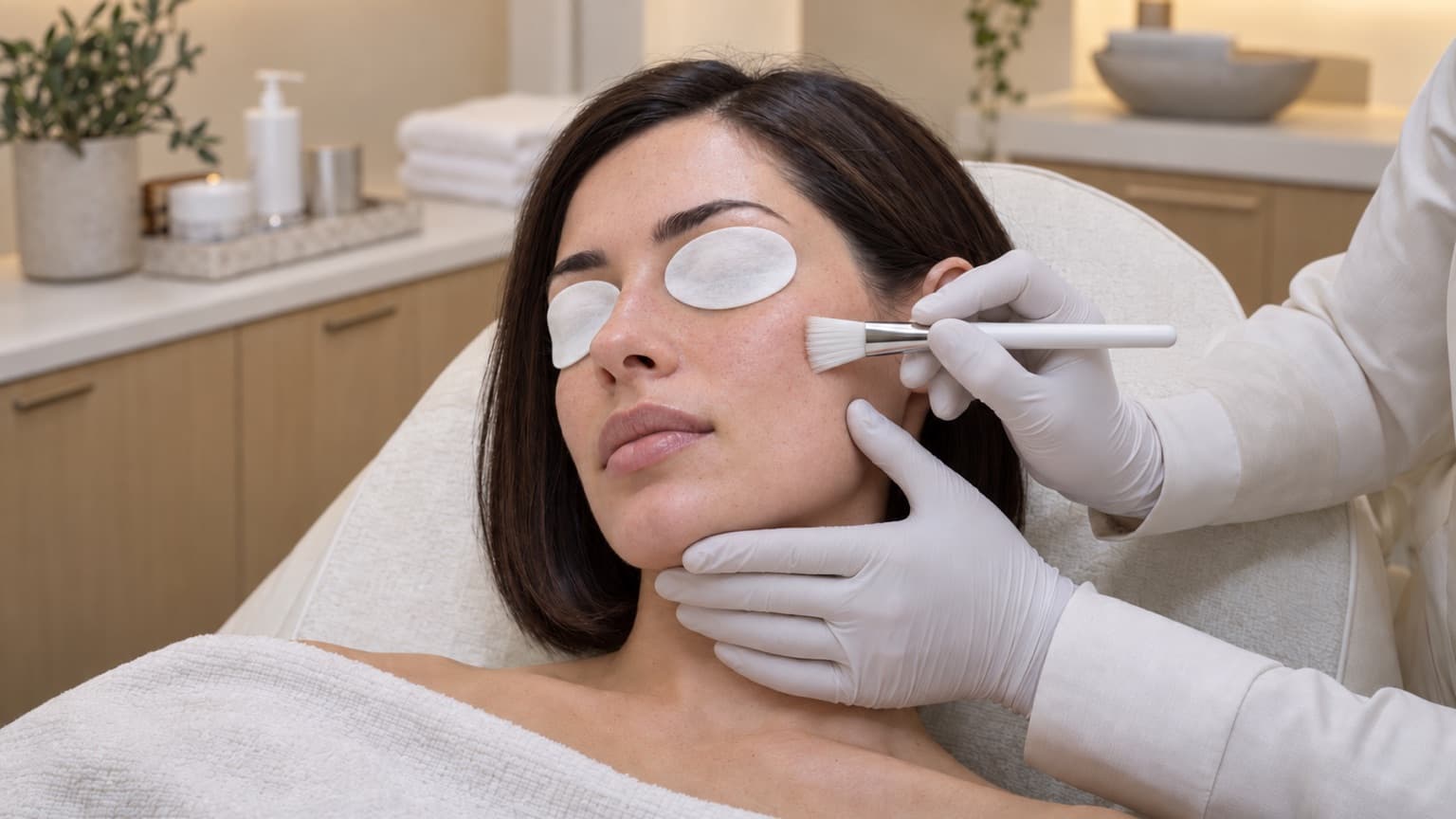 White pads cover both eyes while gloved hands steady a woman’s jaw and touch her cheek with a flat application brush.
