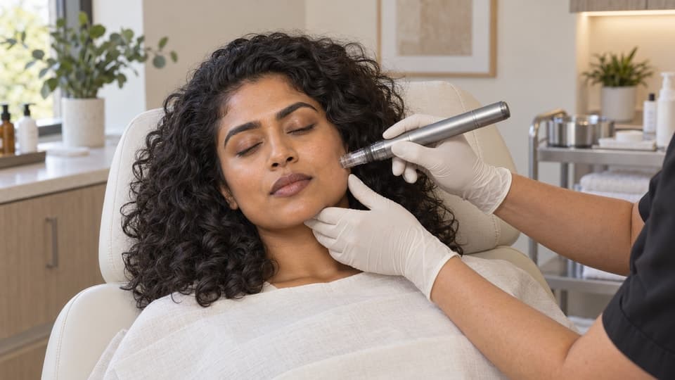 Gloved hands steady a reclining woman’s jaw while a pen-shaped needling instrument is held at her cheek.