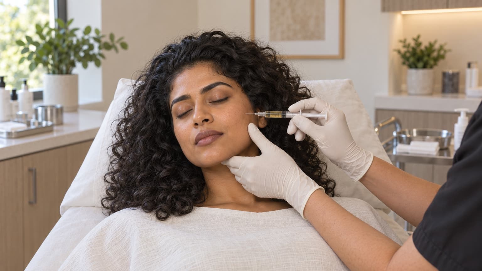 Gloved hands support a reclining woman’s cheek and hold a small syringe beside it.