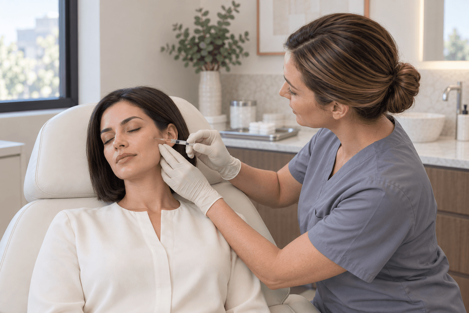 A reclining woman rests as a gloved care professional holds one small syringe at her lateral cheek and supports the skin.