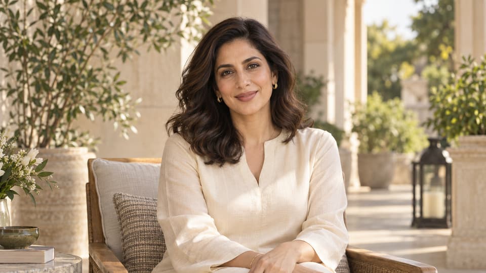 Woman with dark wavy hair and an ivory outfit sitting comfortably in a sunlit veranda.