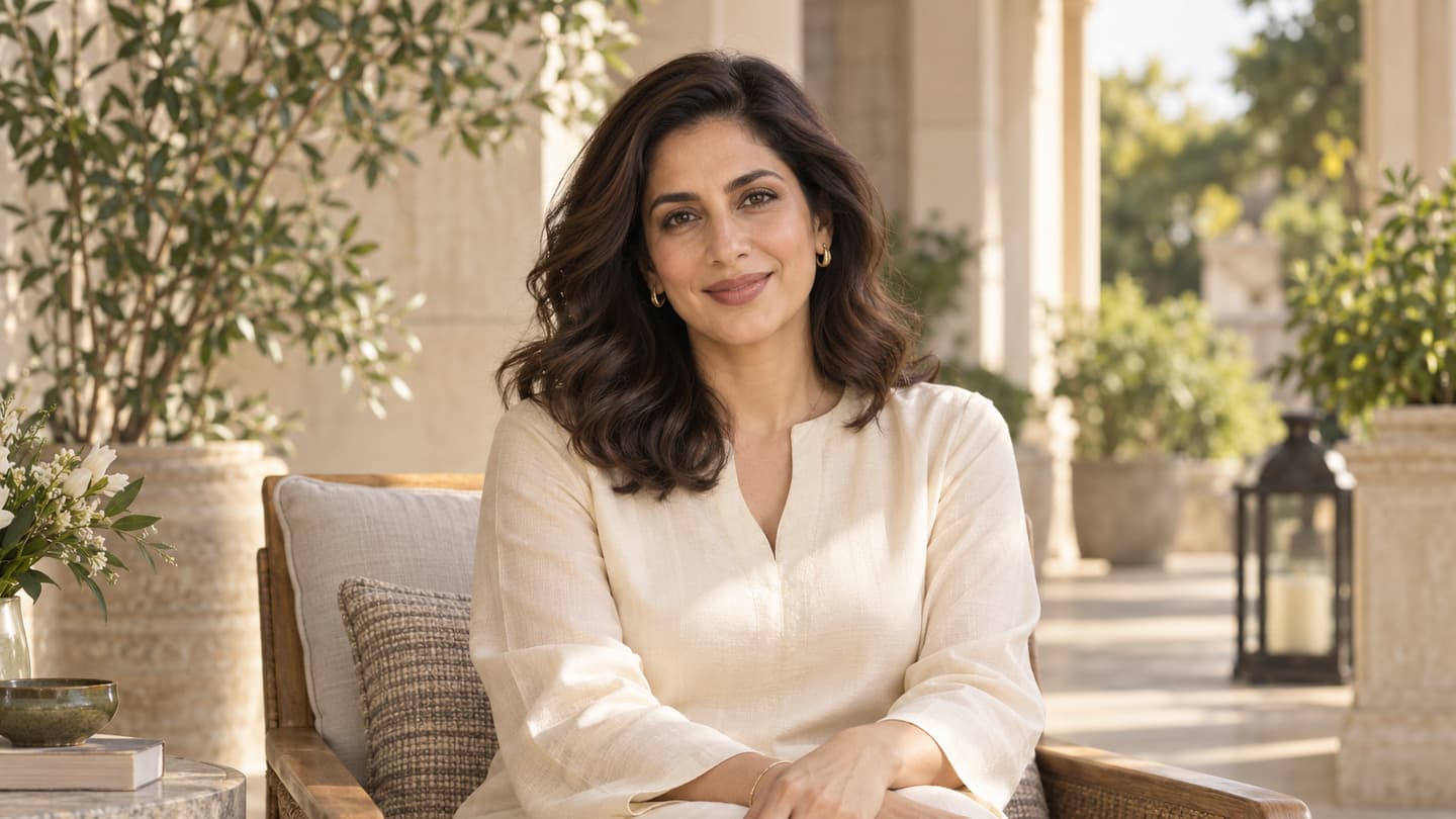 Woman with dark wavy hair and an ivory outfit sitting comfortably in a sunlit veranda.