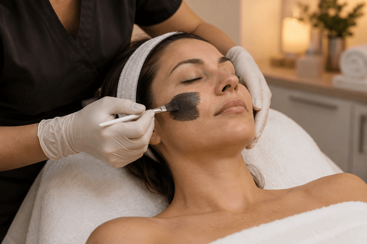 Gloved hands brush a thin dark carbon preparation onto a woman's cheek.