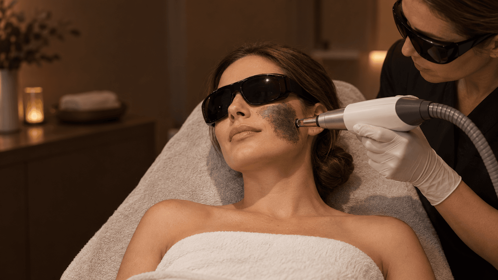 A practitioner uses a laser handpiece beside a carbon-covered cheek while the woman wears protective eyewear.