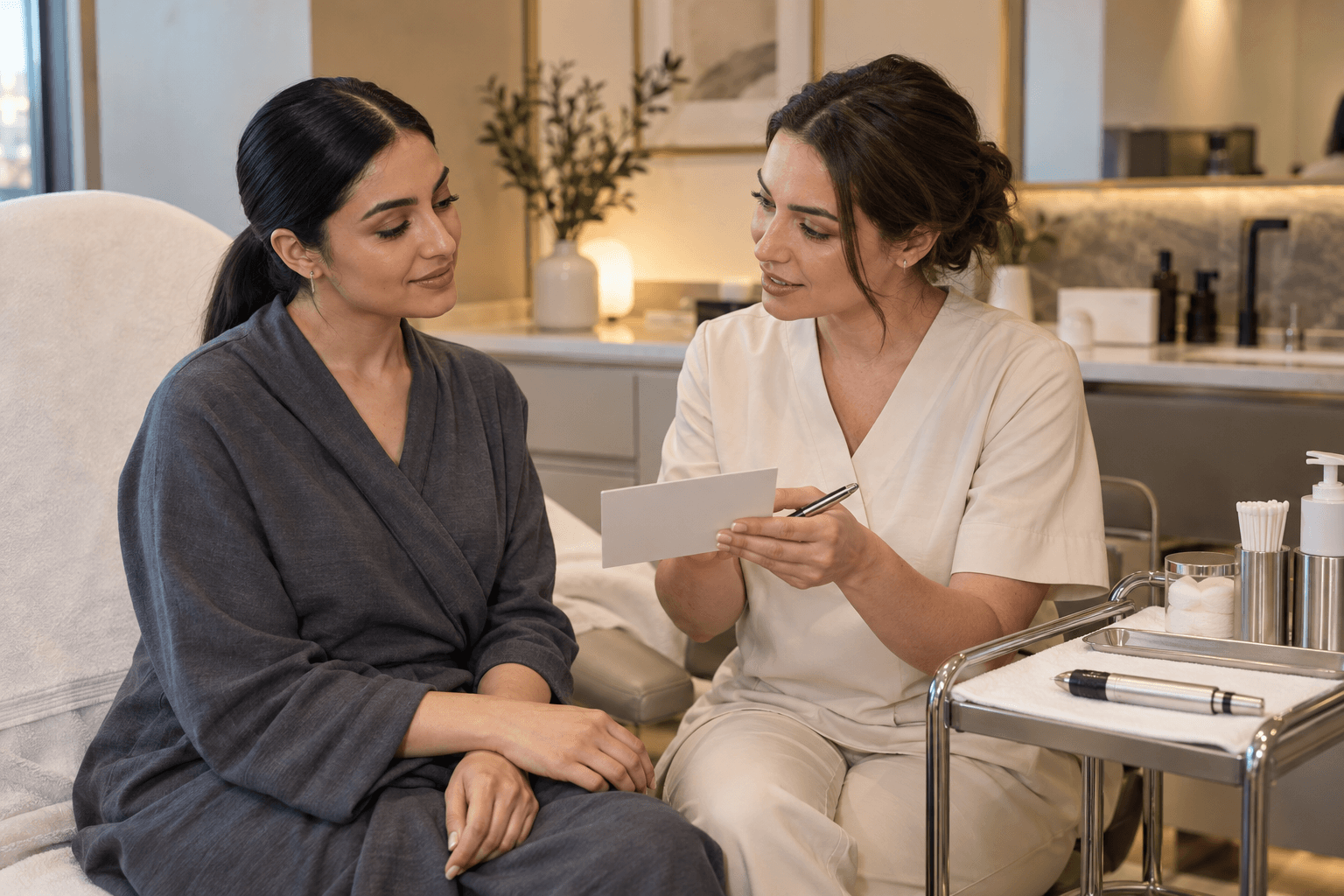 A woman and a practitioner review a blank care card beside an unbranded pen-style instrument in a professional room.