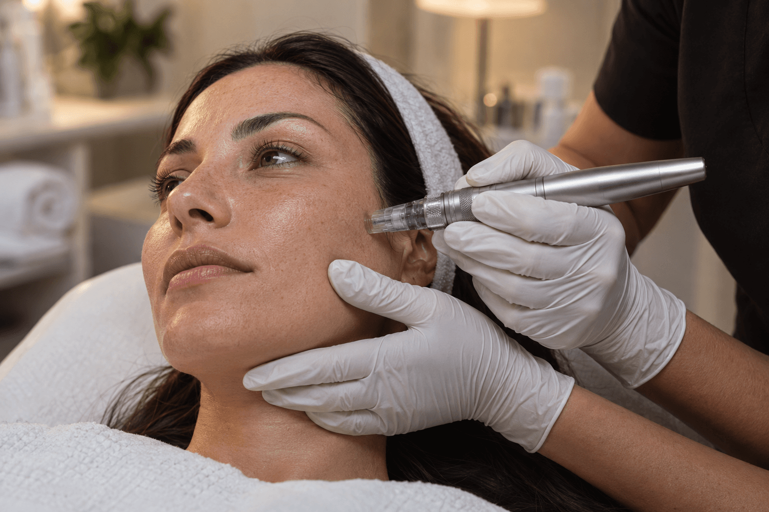 Gloved hands support a woman's cheek while a slim unbranded needling pen touches the skin.