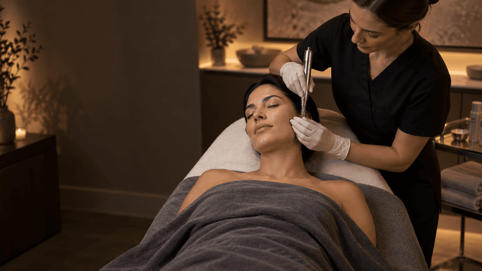 A gloved practitioner uses a pen-style microneedling tool beside a reclining woman's cheek.