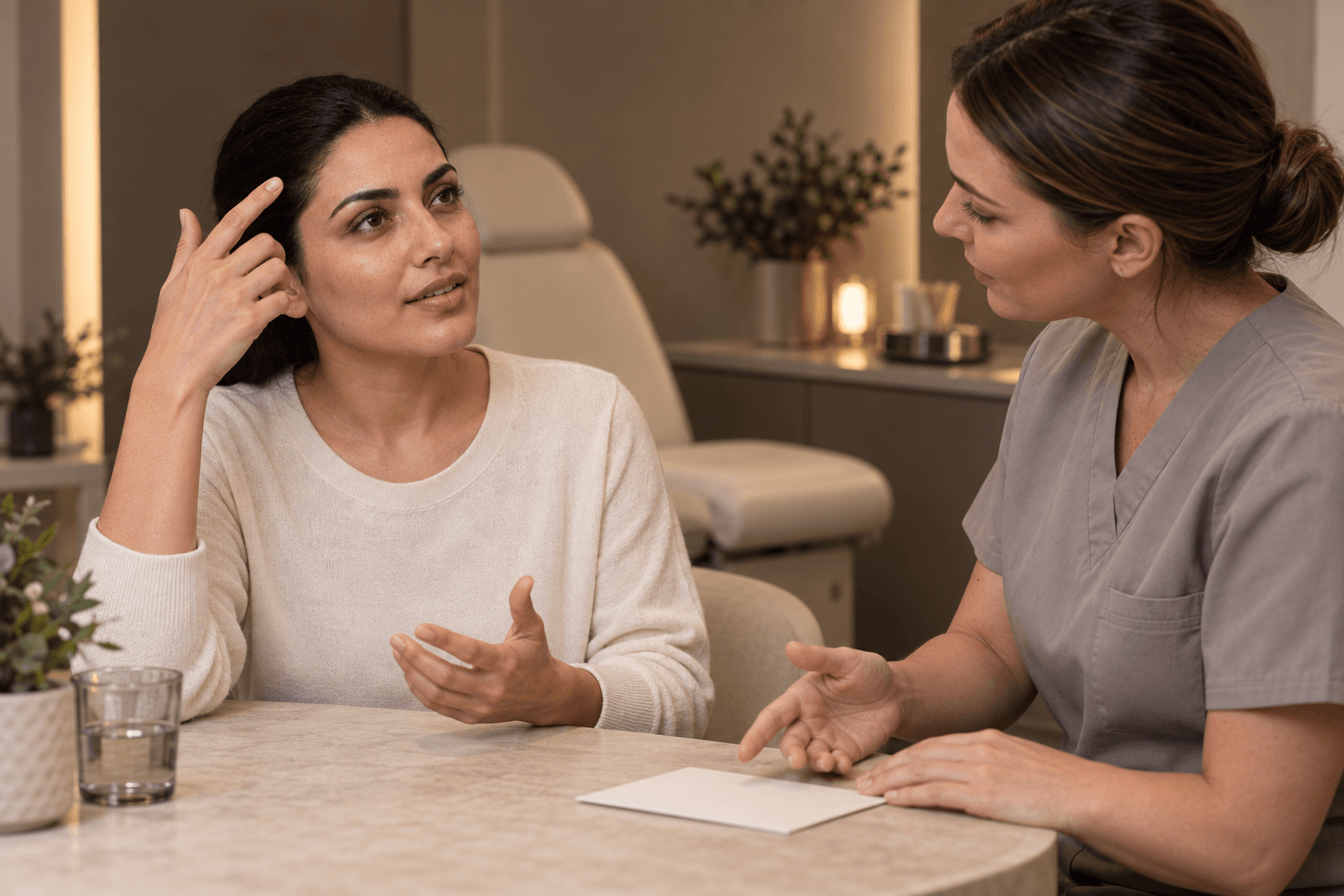 A woman gestures toward her forehead while discussing a blank card with a practitioner in a treatment room.