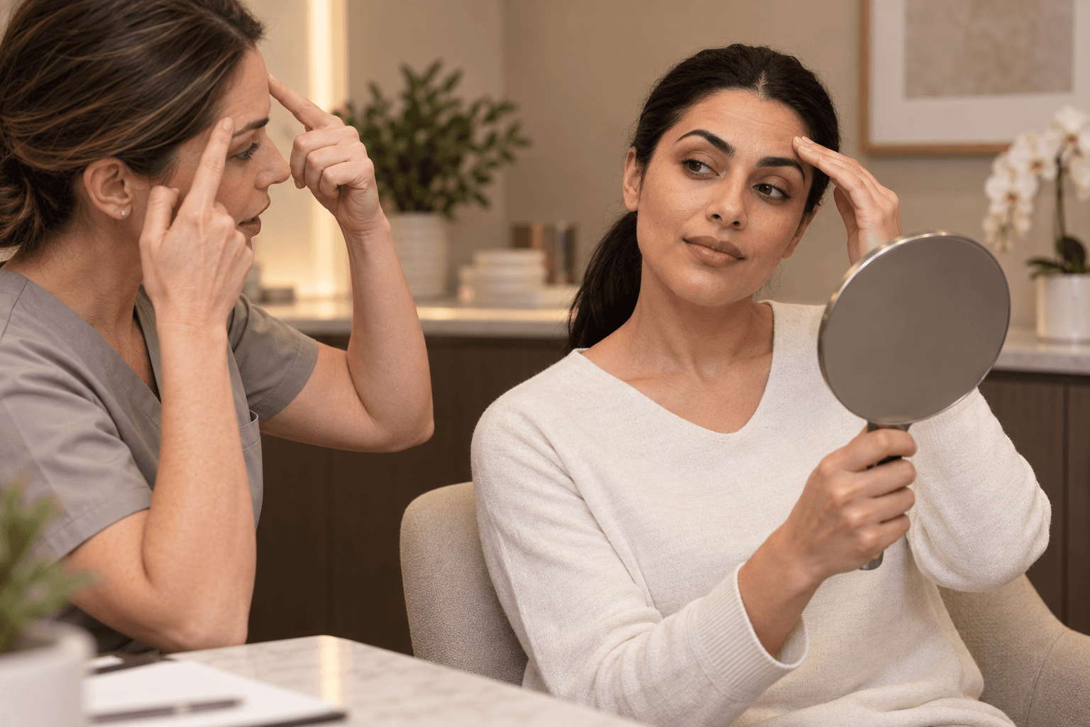 A woman looks into a handheld mirror and touches her forehead while speaking with a practitioner.