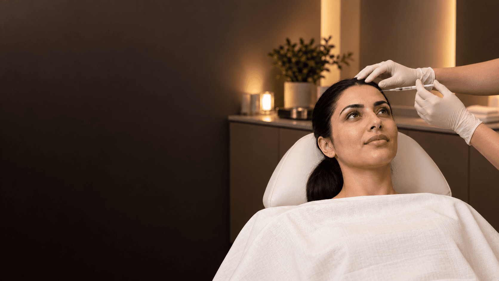 Gloved hands hold a small syringe near a reclining woman's forehead.