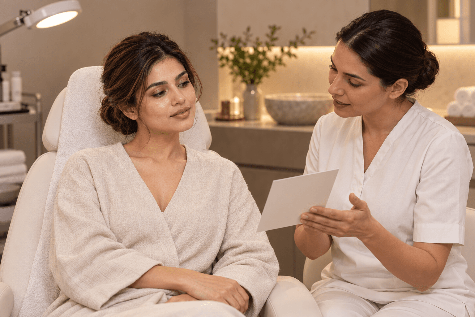 A woman and a practitioner discuss a blank care card in a treatment room.