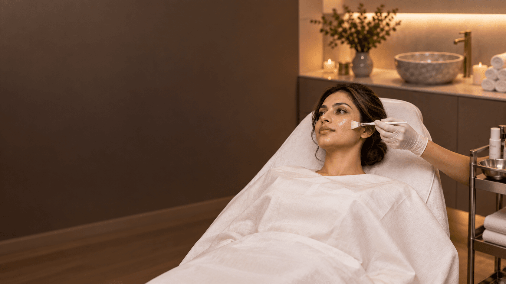 A gloved hand applies a clear peel preparation to a reclining woman's cheek with a brush.