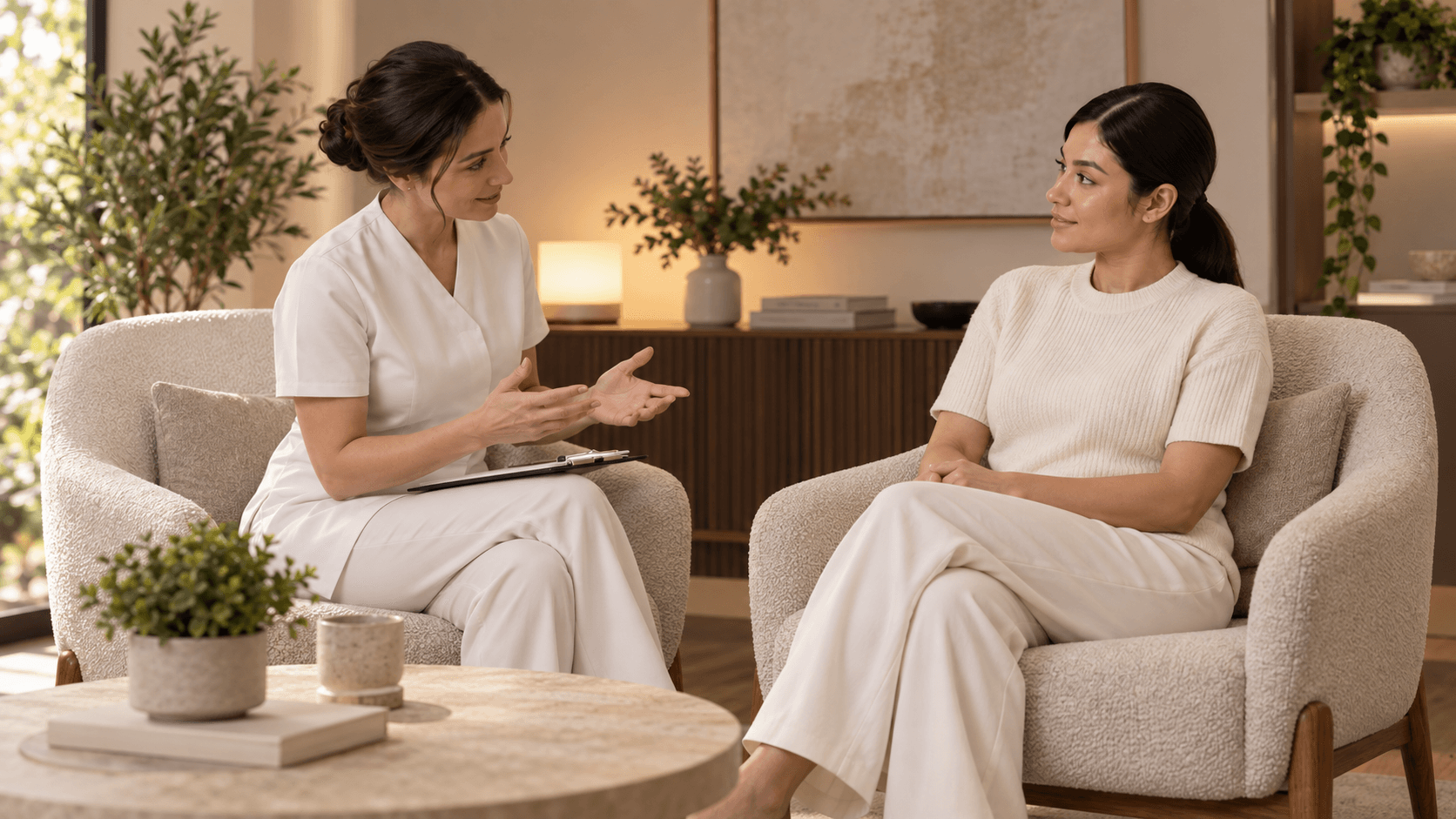 Two adults discuss treatment priorities while seated in a professional room.