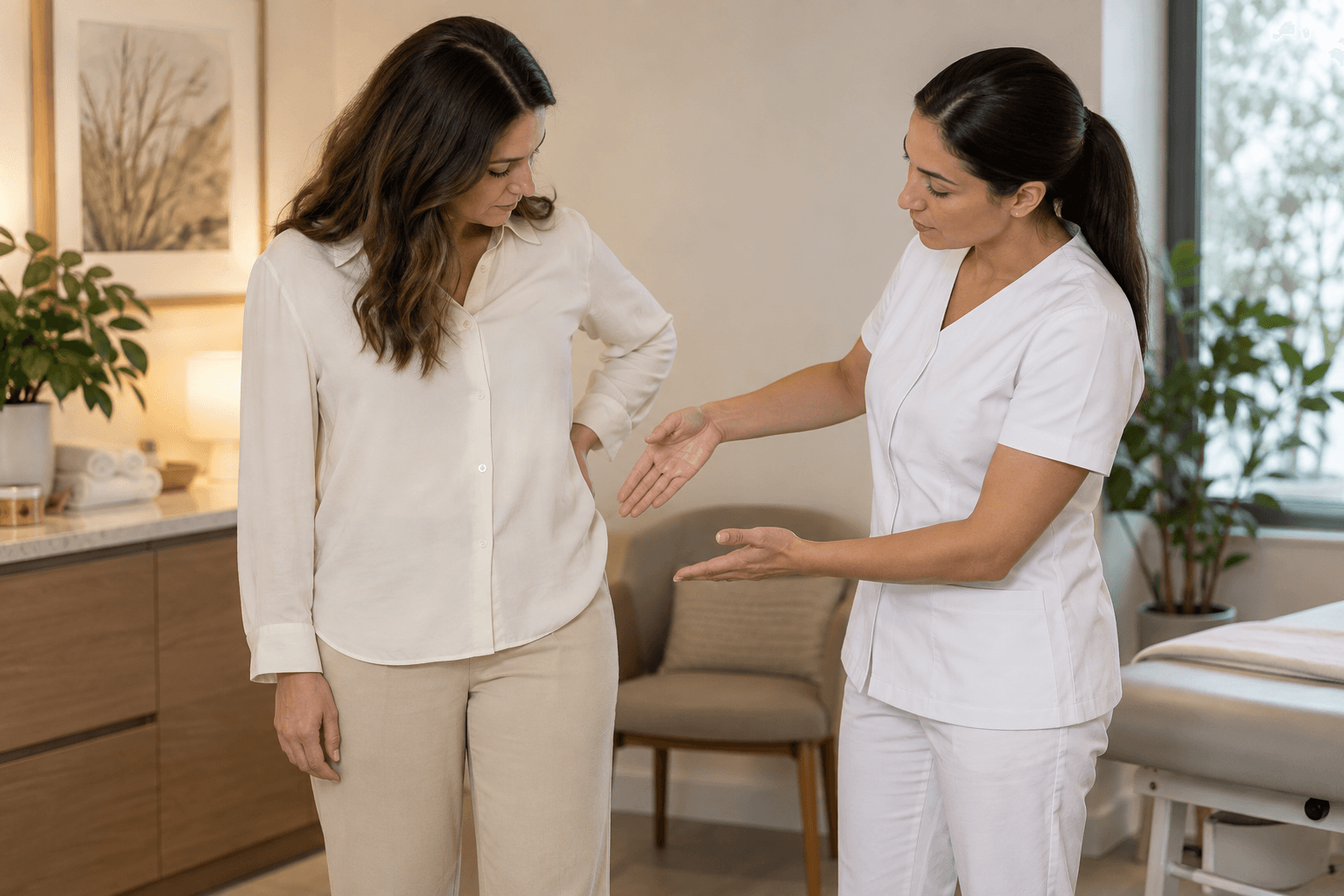 Two fully clothed adults discuss a waist area with an open-hand gesture in a professional room.