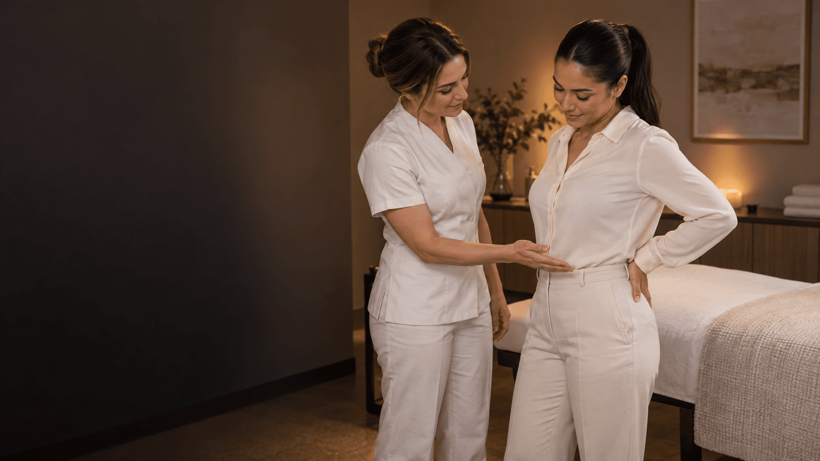 A practitioner gestures toward a fully clothed woman's waist in a treatment room.
